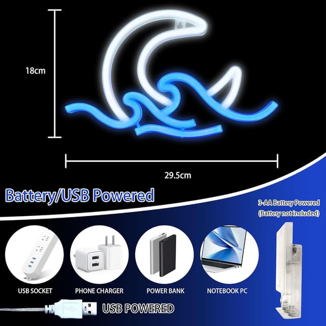 Detalle 2 de WIOSOUL Moon Wave Neonschild – blauer Mond über Meer als LED-Wandleuchte (USB oder 3×AA, 29,5 × 18 cm)
