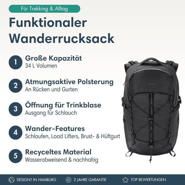 Detalle de LARKSON Klint Large Wanderrucksack (30–34 l) mit Hüftgurt & Mesh-Polsterung