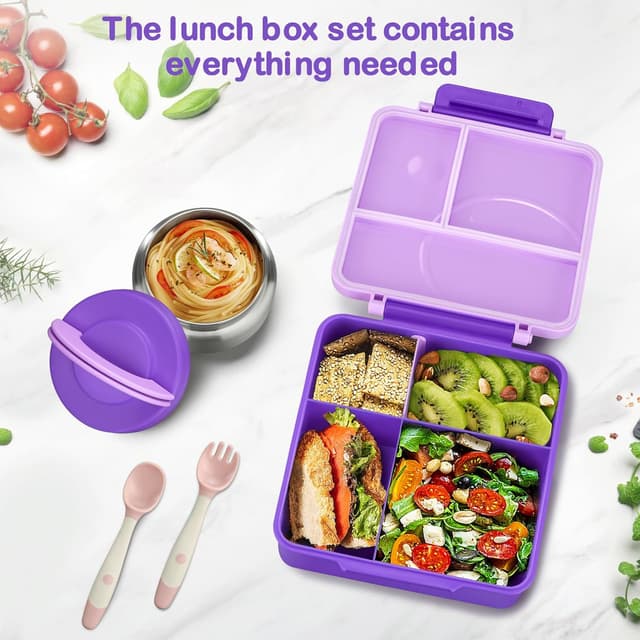 Detalle de Kids Bento Lunch Box Set with 8oz Soup Thermo (Leak-Proof) + 4-Compartment Containers, Insulated Lunch Bag - Purple
