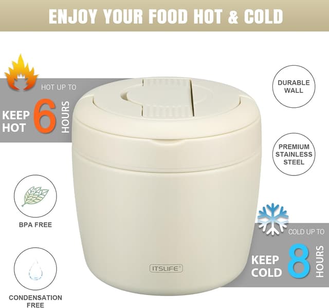 Detalle de Itslife Thermobehälter für Essen 970 ml – Thermoschüssel mit Deckel, Warmhaltebehälter aus Edelstahl inkl. Löffel