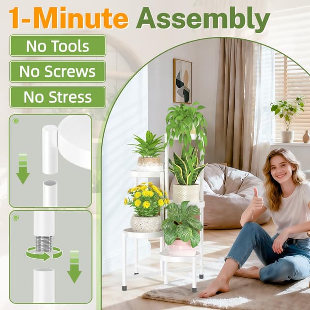 Detalle 2 de iDavosic.ly 5‑Etagen Metall‑Pflanzenständer (rund, weiß) für Zimmerecke, Balkon und Terrasse