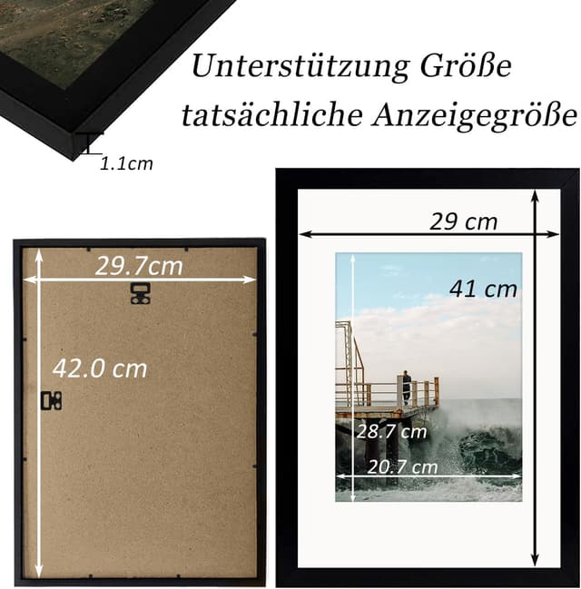 Detalle de RUN HELIX A3 Bilderrahmen in Schwarz für 29,7 x 42 cm – mit bruchsicherem Acrylglas und Passepartout