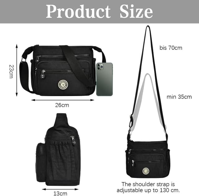 Detalle 2 de Aucuu Nylon Umhängetasche für Damen – Crossbody Bag mit mehreren Fächern, wasserabweisend und mit RFID-Fach