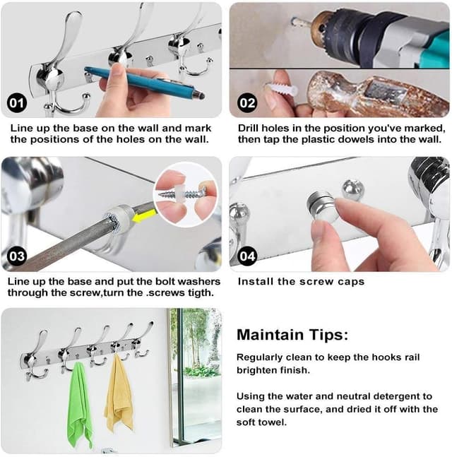 Detalle 2 de LYLIN portemanteau mural à 5 crochets en acier inoxydable (45 x 13 cm) pour salle de bain et entrée