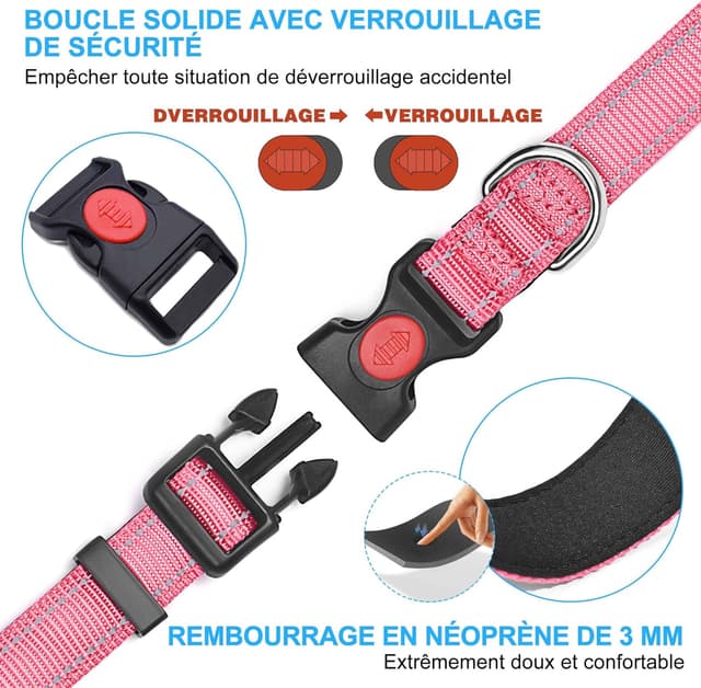 Detalle de Collier pour chien réfléchissant haapaw en néoprène rembourré réglable (rose)