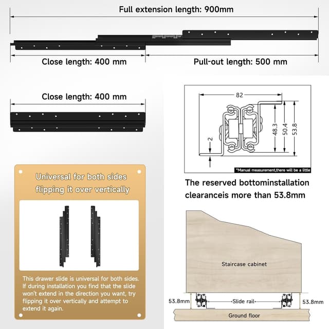 Detalle de AOLISHENG Bottom Mount Heavy Duty Drawer Runners (Black) – Full Extension Hidden Rails, 1 Pair