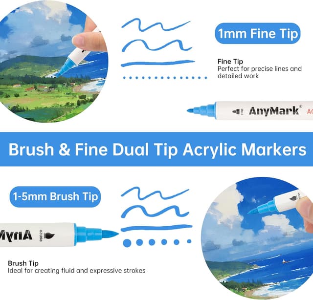 Detalle de AnyMark 48 Farben Acrylstifte-Set mit Wasserfestem Dual-Tip (Pinsel- und Feinespitzenspitze)