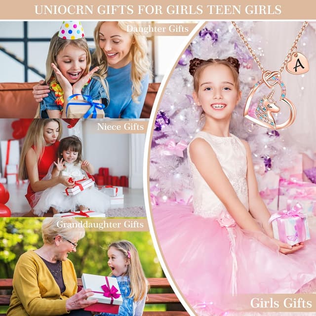 Detalle de Collier licorne TINGN plaqué or rose 14 carats avec cœur et cristaux CZ