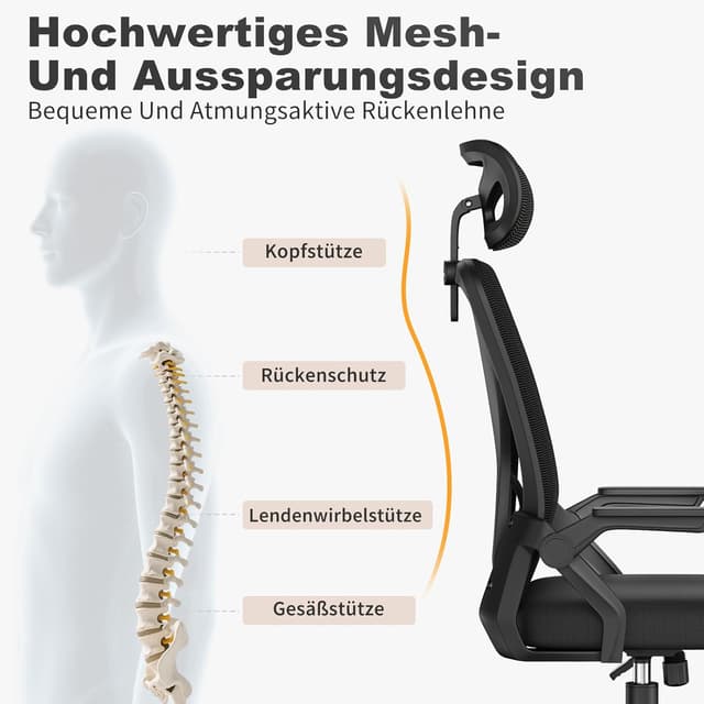 Detalle de naspaluro Ergonomischer Bürostuhl mit 90° klappbaren Armlehnen, Mesh-Polster und verstellbarer Kopfstütze (Schwarz)