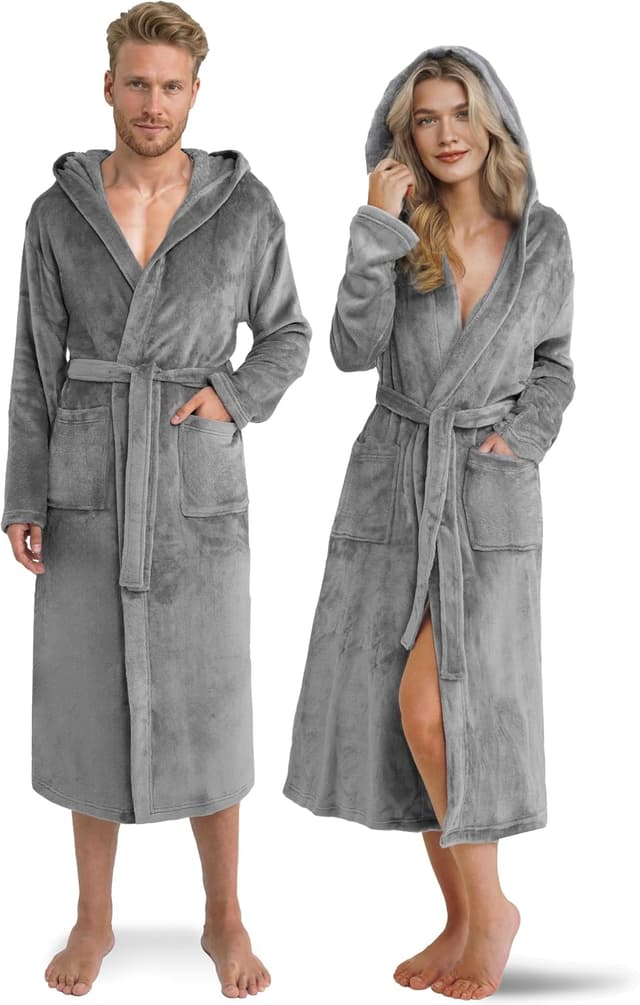 Detalle de Twinzen Kuschelfleece Morgenmantel mit Kapuze (Unisex) – S bis 3XL, Schwarz, Öko-Tex Standard 100