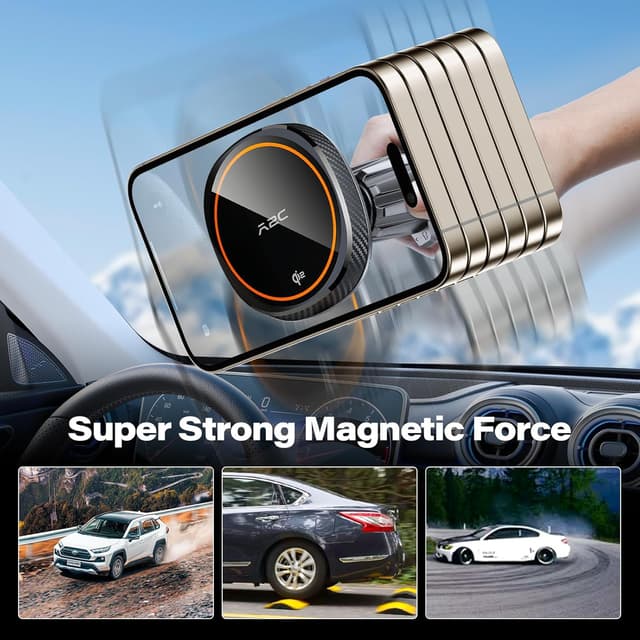 Detalle de A2C QI2 15W MagSafe car mount charger – 2-in-1 magnetic dashboard/air vent holder