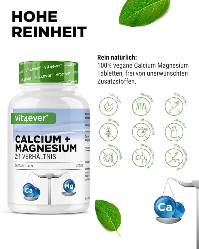 Detalle de Calcium 800 mg + Magnesium 400 mg (2 Tabletten) - 365 Tabletten - 6 Monatsvorrat - Kalzium + Magnesium-Komplex im 2:1 Verhältnis - Vegan - Hochdosiert
Calcium 800 mg + Magnesium 400 mg (2 Ta…