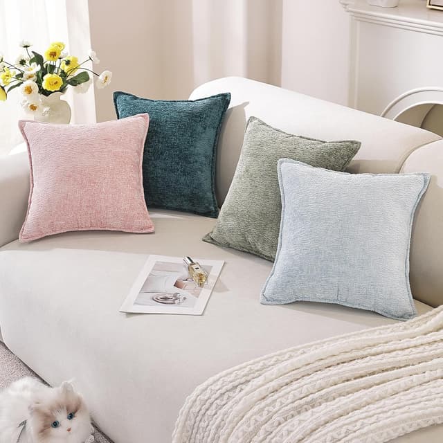 Detalle de YSTELLAA Housse de coussin luxe en chenille Violet, lot de 2 (40x40 cm) avec fermeture éclair cœur cachée