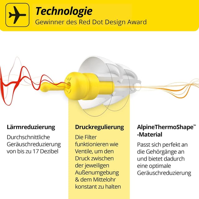 Detalle de Alpine FlyFit Gehörschutz-Ohrstöpsel für Flugzeuge – Druckausgleich, weiche Filter, wiederverwendbar