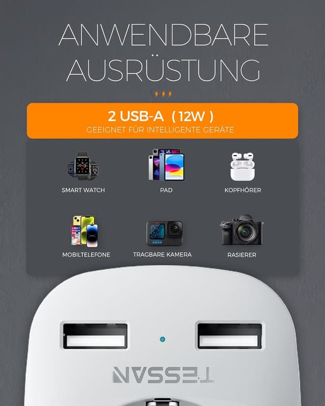 Detalle de TESSAN Adaptateur Afrique du Sud 2 Pack 2500W