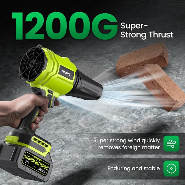 Detalle de Soffiatore a batteria 900.000 RPM (150 MPH, 450 CFM) con 2 batterie, caricabatterie e 2 ugelli – Verde