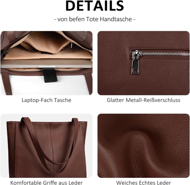 Detalle de befen Echtleder Damen Shopper-Tasche mit 14-Zoll-Laptopfach (Groß) – Henkeltasche mit Reißverschluss