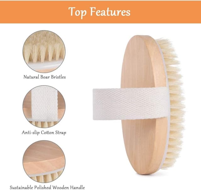 Detalle de URAQT spazzola per corpo in legno con setole naturali (kit da 2 pezzi) per esfoliazione a secco e massaggio linfatico