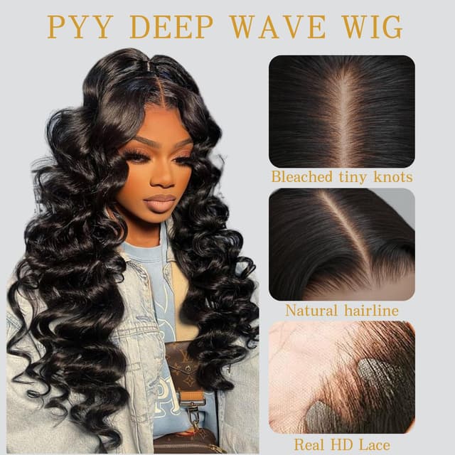 Detalle de PYY Deep Wave Lace Front Wig (13x4 HD Lace Frontal) – 22 Inch 100% Human Hair, Deep Wave, Glueless
