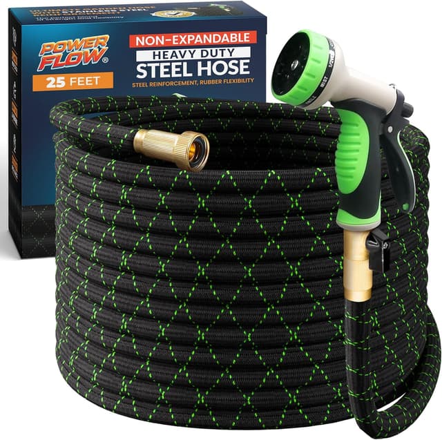 Detalle de PowerFlow Garden Hose (Non-Expandable) 25 Feet Stainless Steel Metal Water Hose + Bonus 10-Way Spray Nozzle