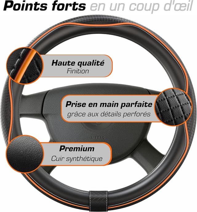 Detalle de Upgrade4cars Couvre-volant noir et orange en simili-cuir, housse universelle 37-38 cm