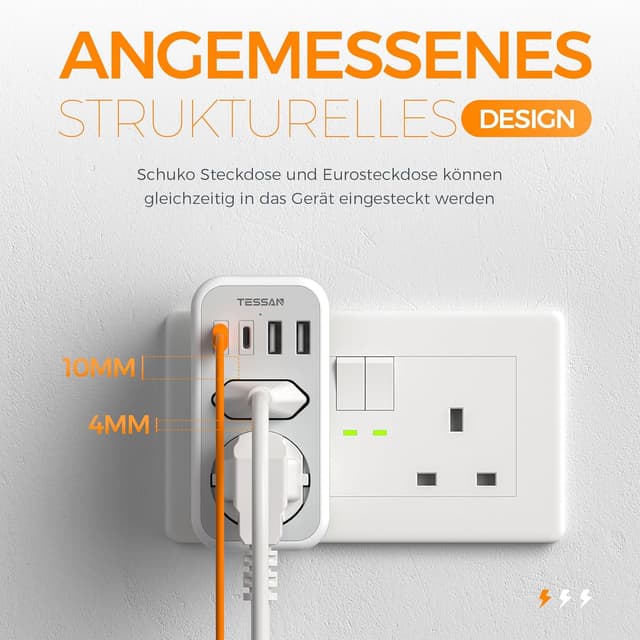 Detalle 2 de TESSAN 6-in-1 Reiseadapter England/Deutschland (Typ G) mit 2× USB-C und 2× USB-A