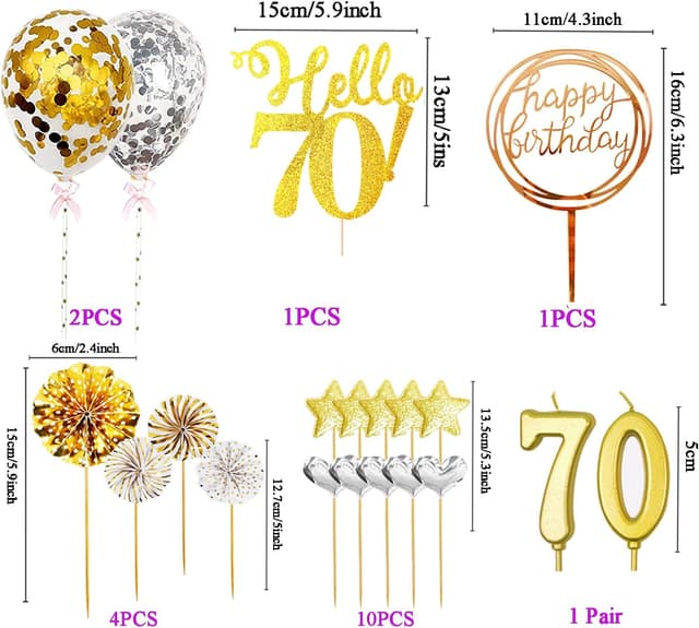 Detalle 2 de 24-teilige 70. Geburtstag Tortendeko-Set (Happy Birthday, Kerzen, Glitzerkarton-Topper, Party-Details) in Gold/Silber