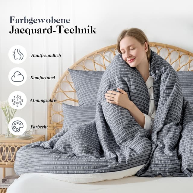 Detalle de SOULFUL Bettwäsche-Set 155x220 aus Baumwolle, gestreift (Jacquard), Graublau