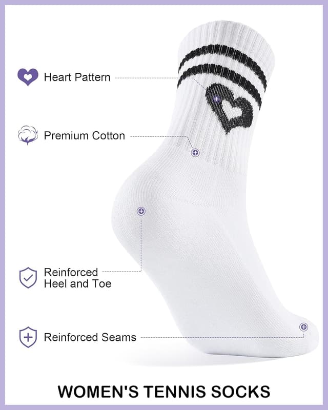Detalle de Niofind Calzini da tennis da donna alti (3 paia) con cuore, bianchi e neri, comodi per corsa e tutti i giorni