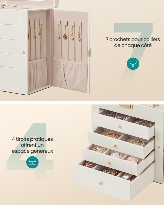 Detalle de SONGMICS Boîte à bijoux 5 niveaux avec 4 tiroirs, miroir intérieur et serrure JBC153WD03