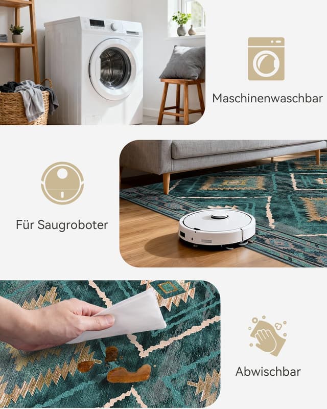 Detalle de Tapis de salon lavable en machine DEFYNEE 180 x 270 cm style marocain, bleu canard