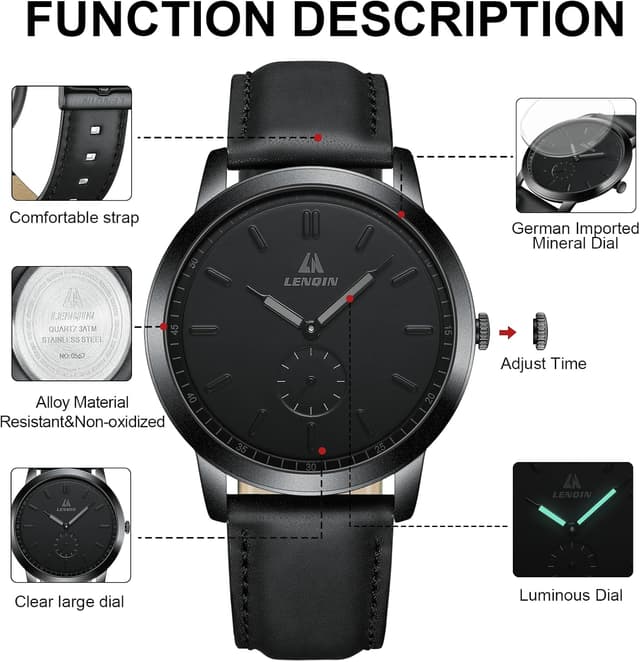 Thumbnail 6 de LN LENQIN Herren-Armbanduhr mit Lederband, analoges Quarzwerk und 3 ATM Wasserschutz