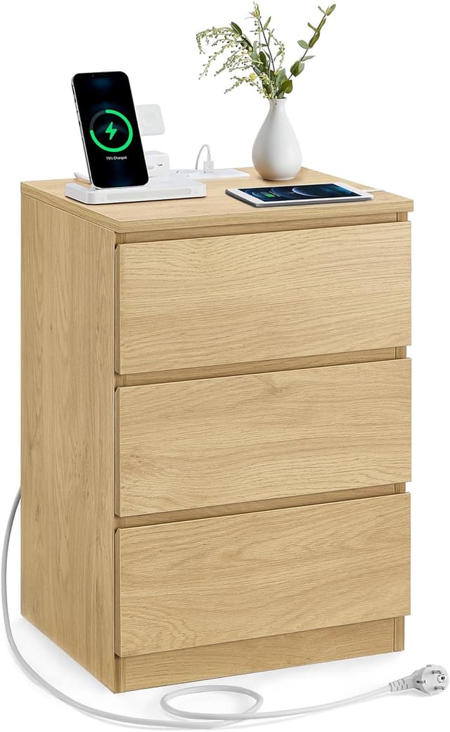 Detalle de VASAGLE KAILYN LET631Y70 comodino con stazione di ricarica, 3 cassetti e presa AC + USB