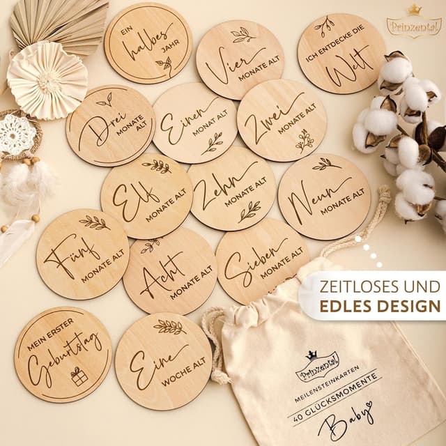 Detalle de Prinzental Meilensteinkarten Baby aus Holz mit 40 Meilensteinen, Blankokarte und Stoffbeutel