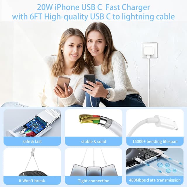 Thumbnail 4 de for iPhone USB‑C Fast Charger Plug and Cable 20W PD ⌘