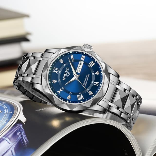 Detalle 2 de NIBOSI Orologio da polso da uomo analogico al quarzo in acciaio inox impermeabile 3 ATM, business e casual
