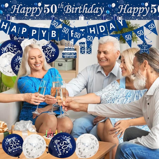Thumbnail 6 de Happy 50th Birthday Decorations for Him (Blue & Silver) – Banners, bunting, swirls, balloons & confetti set
