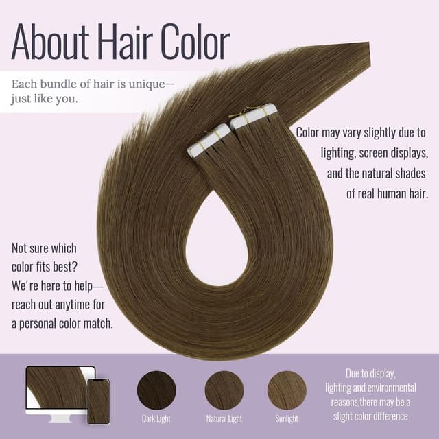 Detalle de Fshine Extensions Echthaar Tape in Mittelbraun (30 cm) – 20 Stück selbstklebende Tape-Extensions