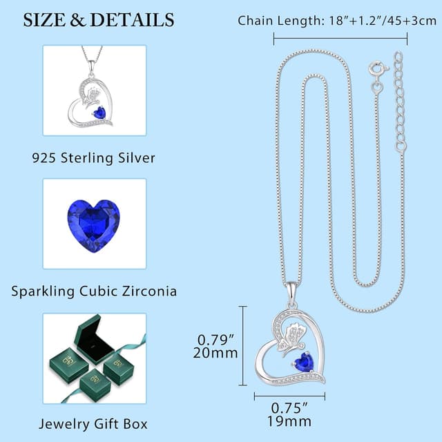 Detalle de FJ Herz Damenkette mit Schmetterling-Anhänger, 925 Sterling Silber, Geburtsstein-Kette als Geschenk