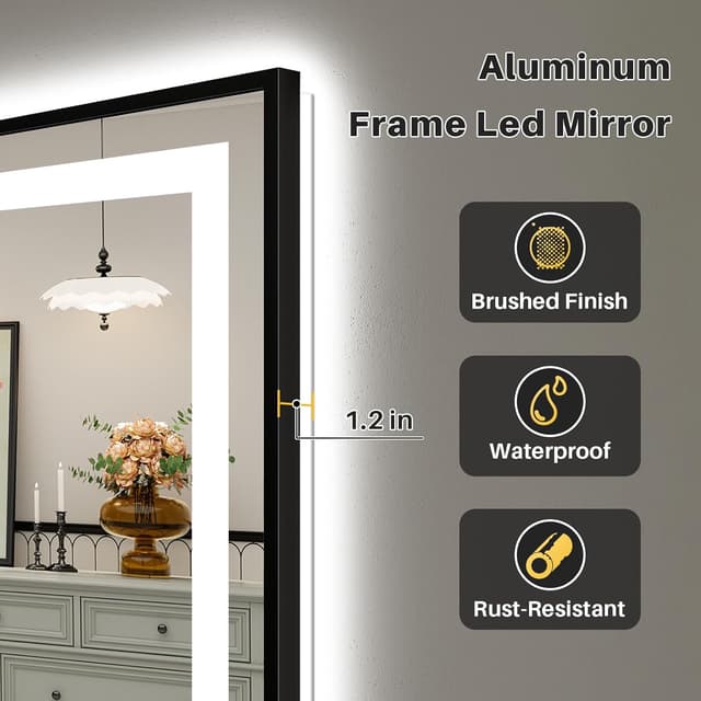 Detalle 2 de Briivue 36x30 Inch LED Bathroom Mirror with Black Frame (Dual Front Light + Backlit, Anti-Fog, Dimmable)