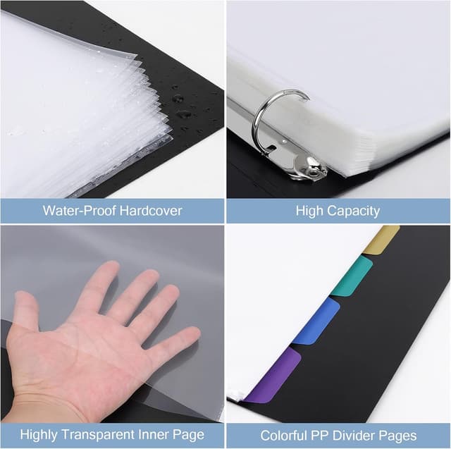 Detalle de Uquelic A4 presentation ring binder with 50 punched pockets and 6 PP divider pages (black)