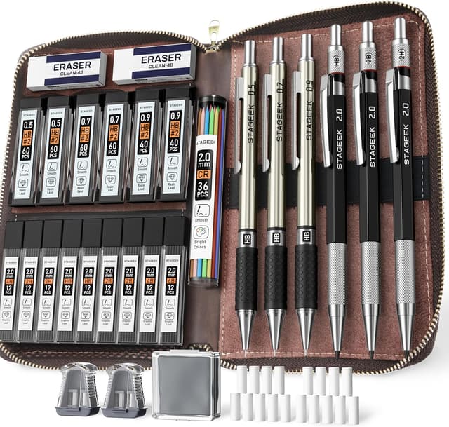 Detalle de STAGEEK 30-teiliges Druckbleistift-Set mit Metallstiften, LEDertasche und Minen 0,5/0,7/0,9/2,0 mm
