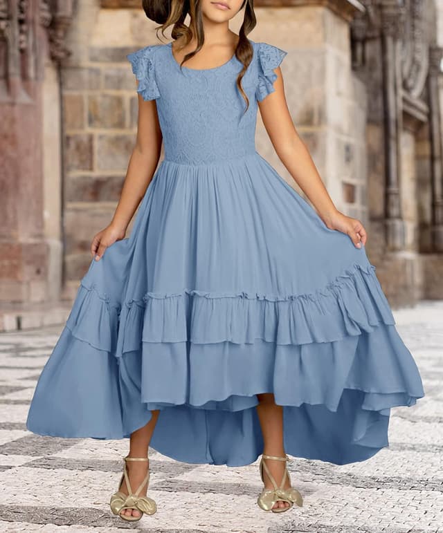 Detalle de HOSIKA Girls Lace Boho Flower Girl Dress with Ruffle Sleeves (A-Line, 6–12 Years)