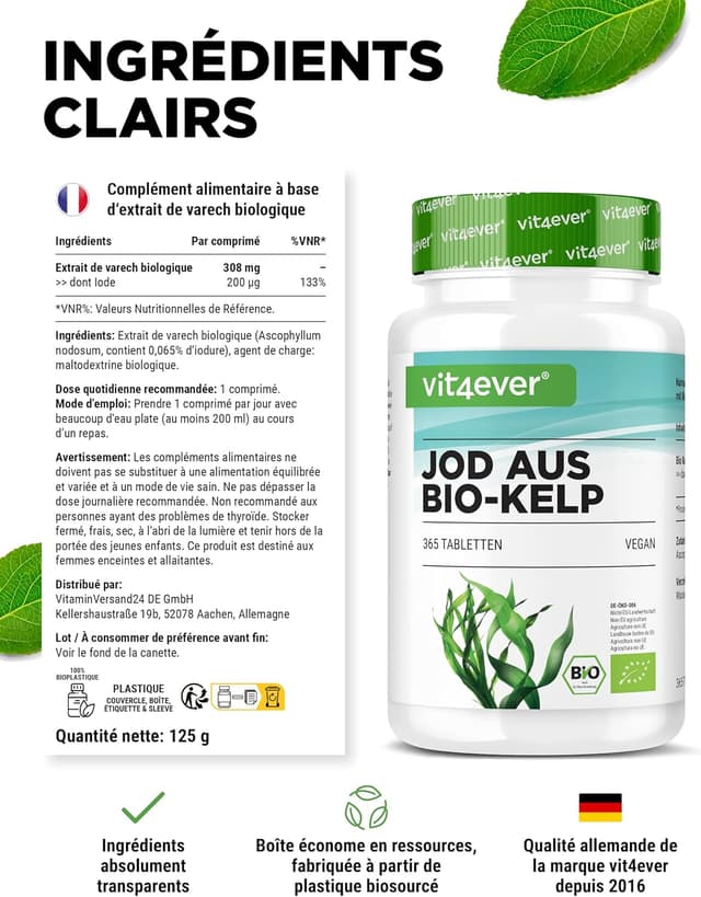Detalle de Kelp Bio (Iode Naturel) – Complément alimentaire vegan, 365 comprimés dosés à 200 µg d’iode