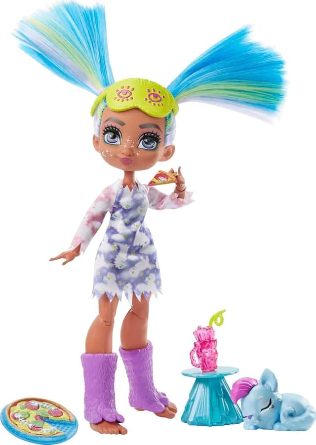 Detalle 2 de Cave Club Playset Pigiamasauro Party con bambola Tella, cucciolo dinosauro e accessori (GTH06)