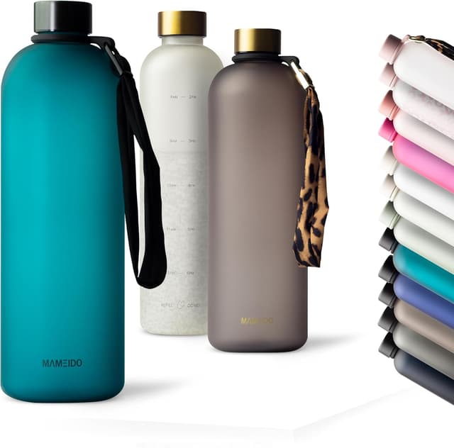 Detalle de MAMEIDO Trinkflasche mit Zeitmarkierung 1,5 l (Tritan, BPA-frei) für kohlensäurehaltige Getränke – Tropical Breeze