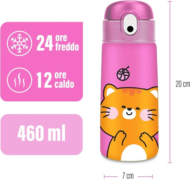 Detalle de Cartomania borraccia termica chill & refill 460 ml con cannuccia anti-rovescio, tema gattino rosa