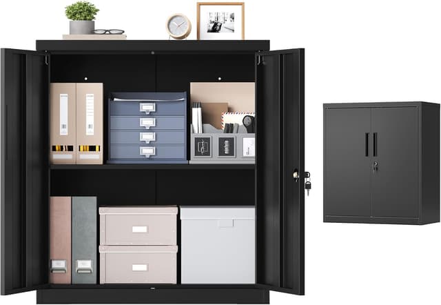 Detalle de SONGMICS OMC019BD01 Armadio portadocumenti in metallo con serratura, 2 ante e ripiano regolabile 80 x 40 x 90 cm, nero opaco