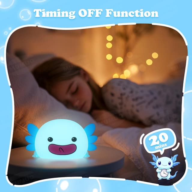 Detalle de MUMUQ Axolotl Kids Night Light – silicone LED touch night lamp with dimmer and 20-minute timer