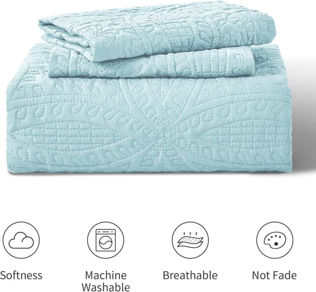 Thumbnail 6 de Love’s cabin Queen Quilt Set (Spa-Blue) with Coin Pattern — 3-Piece Lightweight Bedspread + Shams